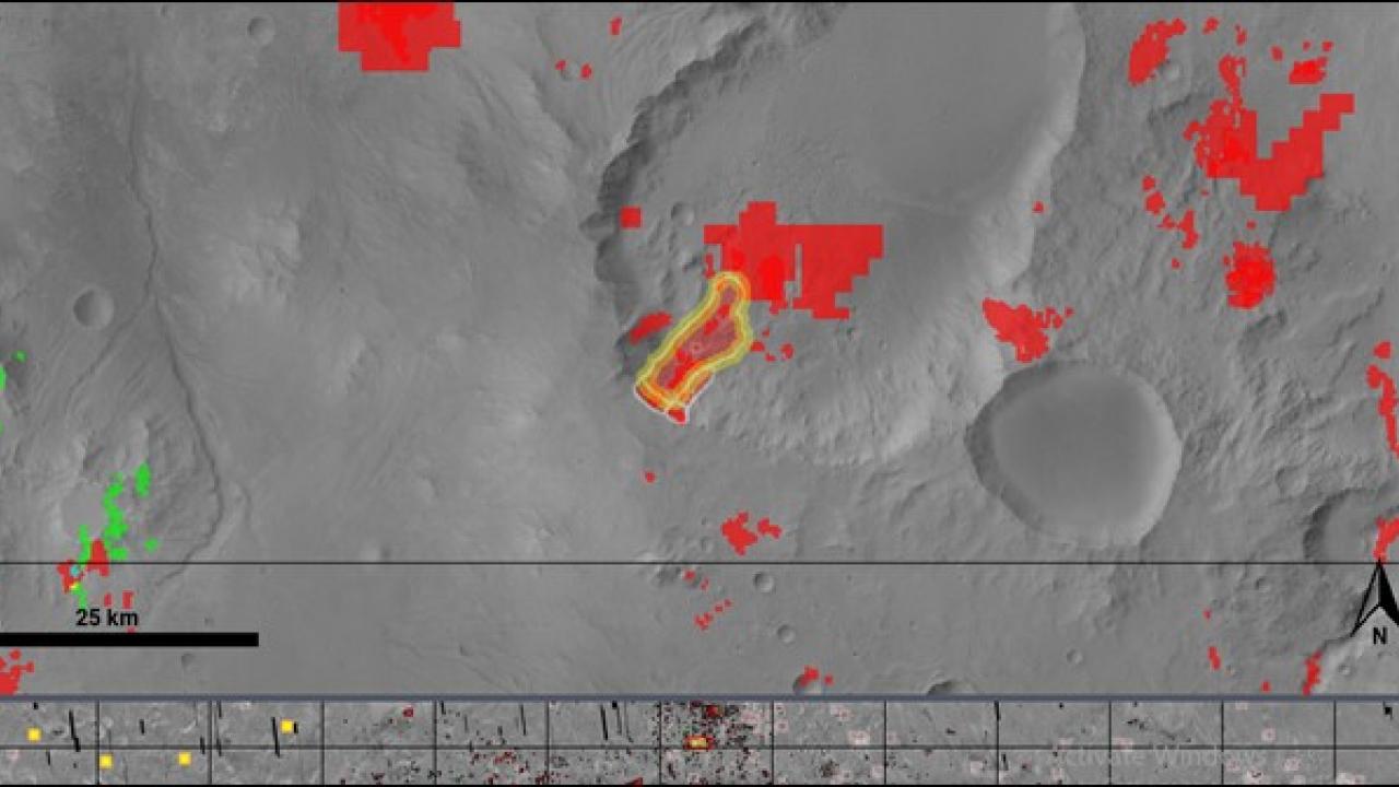 Landslide id # 5063 (polygon border highlighted in yellow) with Fe/Mg phyllosilicate detections (color coded in red)