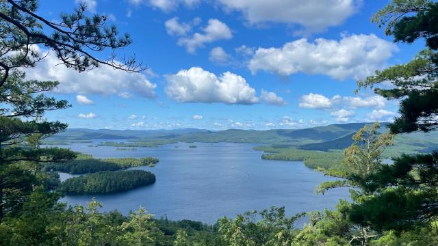 View of Squam Lake on a clear day in Center Sandwich, NH.
