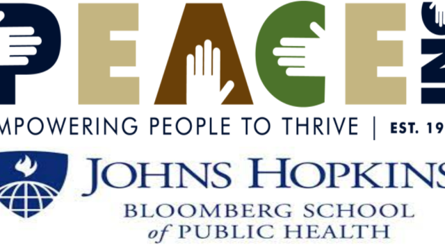 Logos for both Johns Hopkins school of Public Health and PEACE INC.,