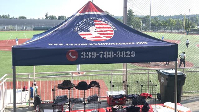 Image of company tent and set-up during tournaments. 