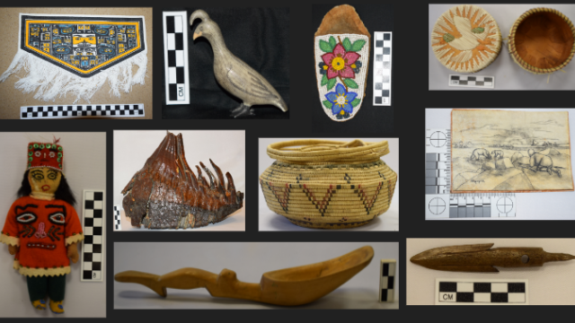 Image of a series of artifacts incluced in the Couch collection including: a model blanket, an ivory Ptarmigan figure, a decorated birch container, an Inuit doll, a fossilized Mastodon tooth, a grass basket, a charcoal drawing by George Aden Ahgupuk, a carved wooden spoon, and a Projectile Point  