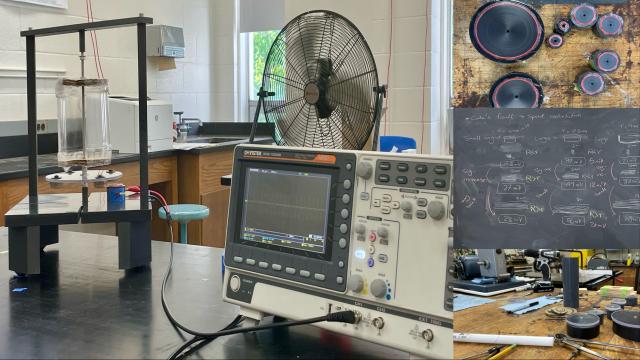 Photo depicts the apparatus of the research running by a fan and analyzed through an Oscilloscope