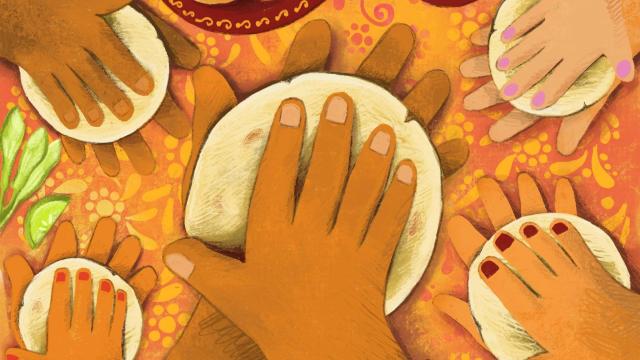 Illustration of 5 pairs of hands making pupusas