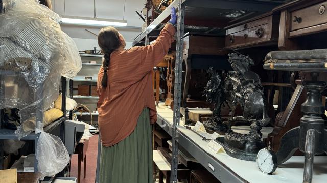A woman in orange standing on a ladder.