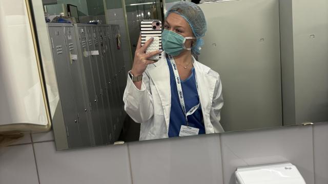 Lauren Bier preparing for a 12-hour operating room shift at Lauren Bier and her colleagues outside of Hospital de São José (Centro Hospitalar Universitário de Lisboa Central) in Lisbon, Portugal.
