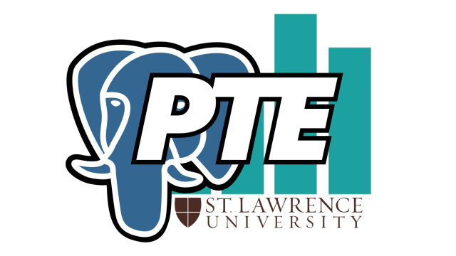The PostgreSQL logo, a blue elephant head, and the Gradescope logo, a green bar chart, are set behind the letters P, T, and E. Bellow them is the St. Lawrence logo.