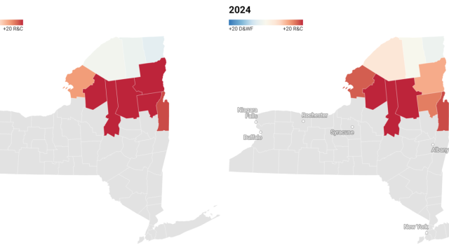 electoral map displaying shift of St. Lawrence Country from moderate to red from 2014-2024