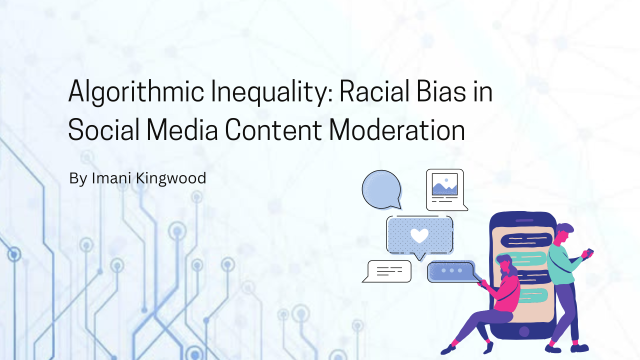  The title of this project is called “Algorithmic Inequality: Racial Bias in Social Media Content Moderation” by Imani Kingwood. The background of this image is faded blue with a pattern. On the right of this image there are people using smart phones surrounding text speech bubbles.