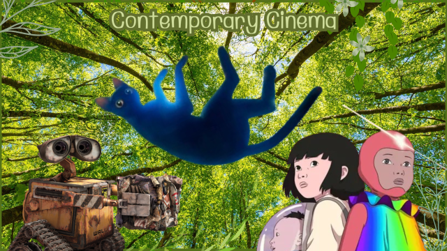 A nature scene is overlayed with images from the films Wall-E, Flow, and Arco beneath a title reading: Animation and Environmental Politics in Contemporary Cinema