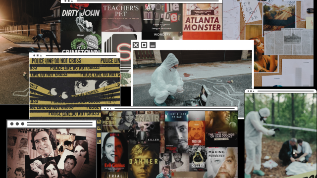 Computer desktop showing several true crime-related windows