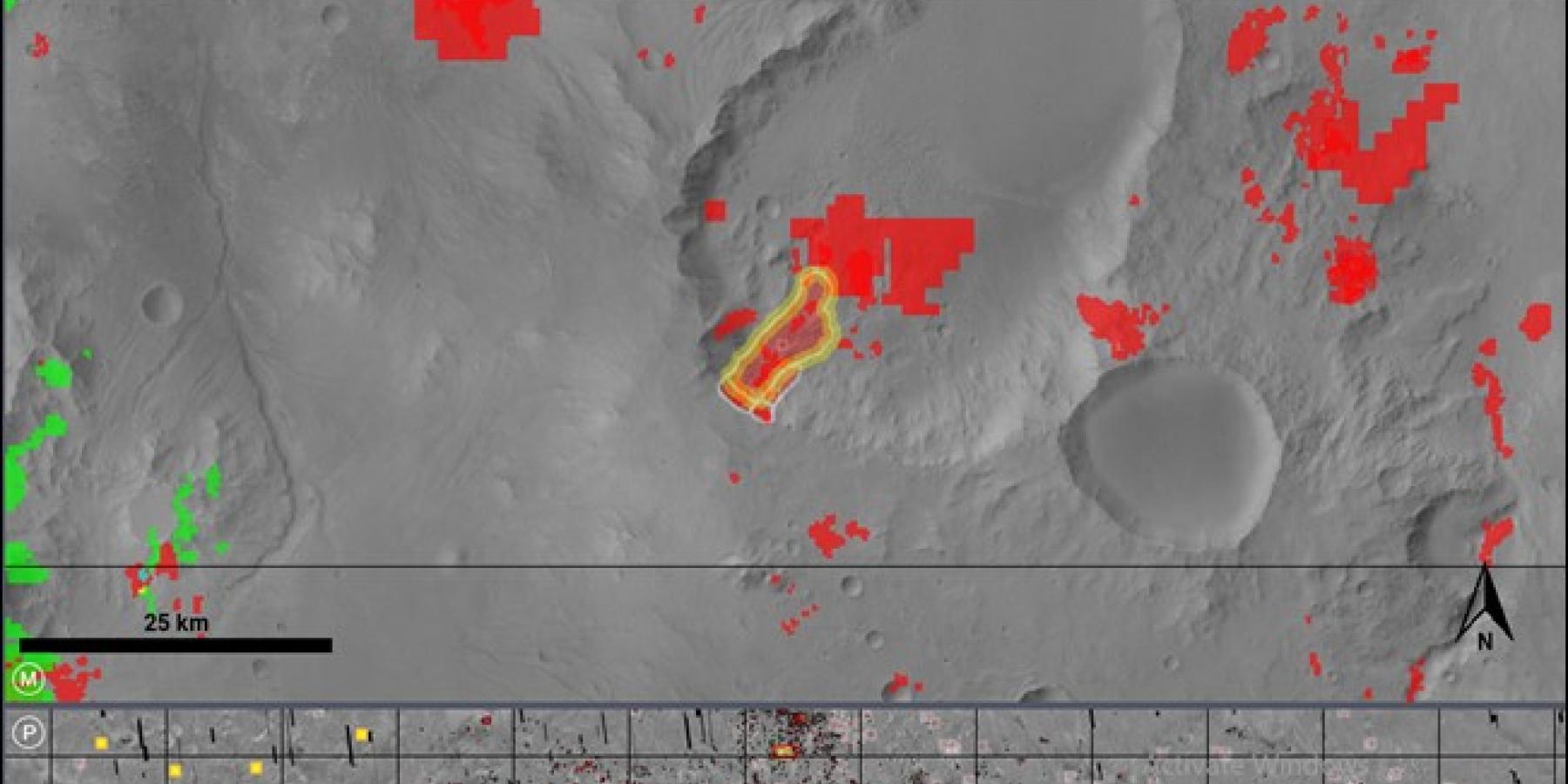 Landslide id # 5063 (polygon border highlighted in yellow) with Fe/Mg phyllosilicate detections (color coded in red)