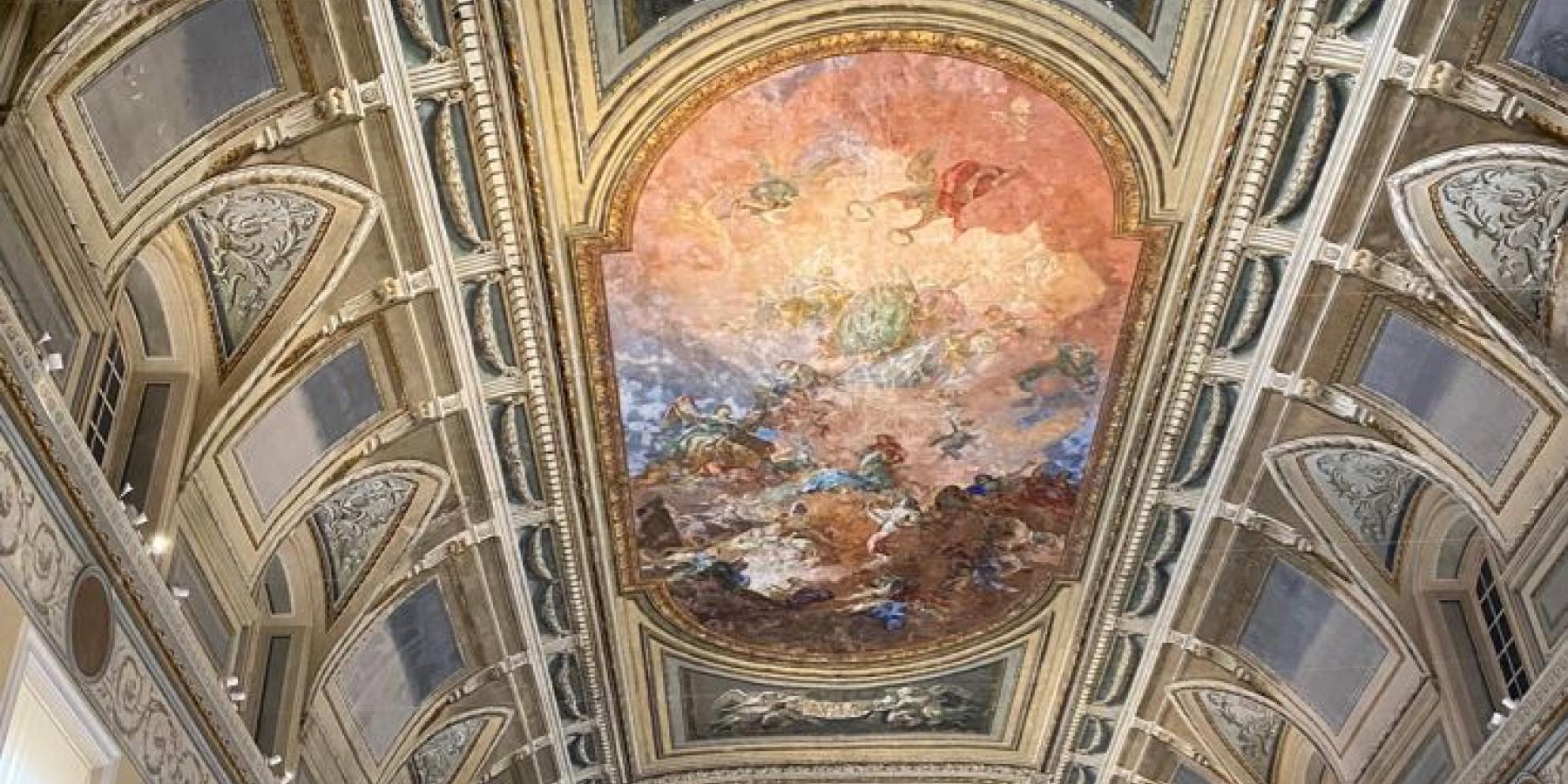 An ornate, painted ceiling.