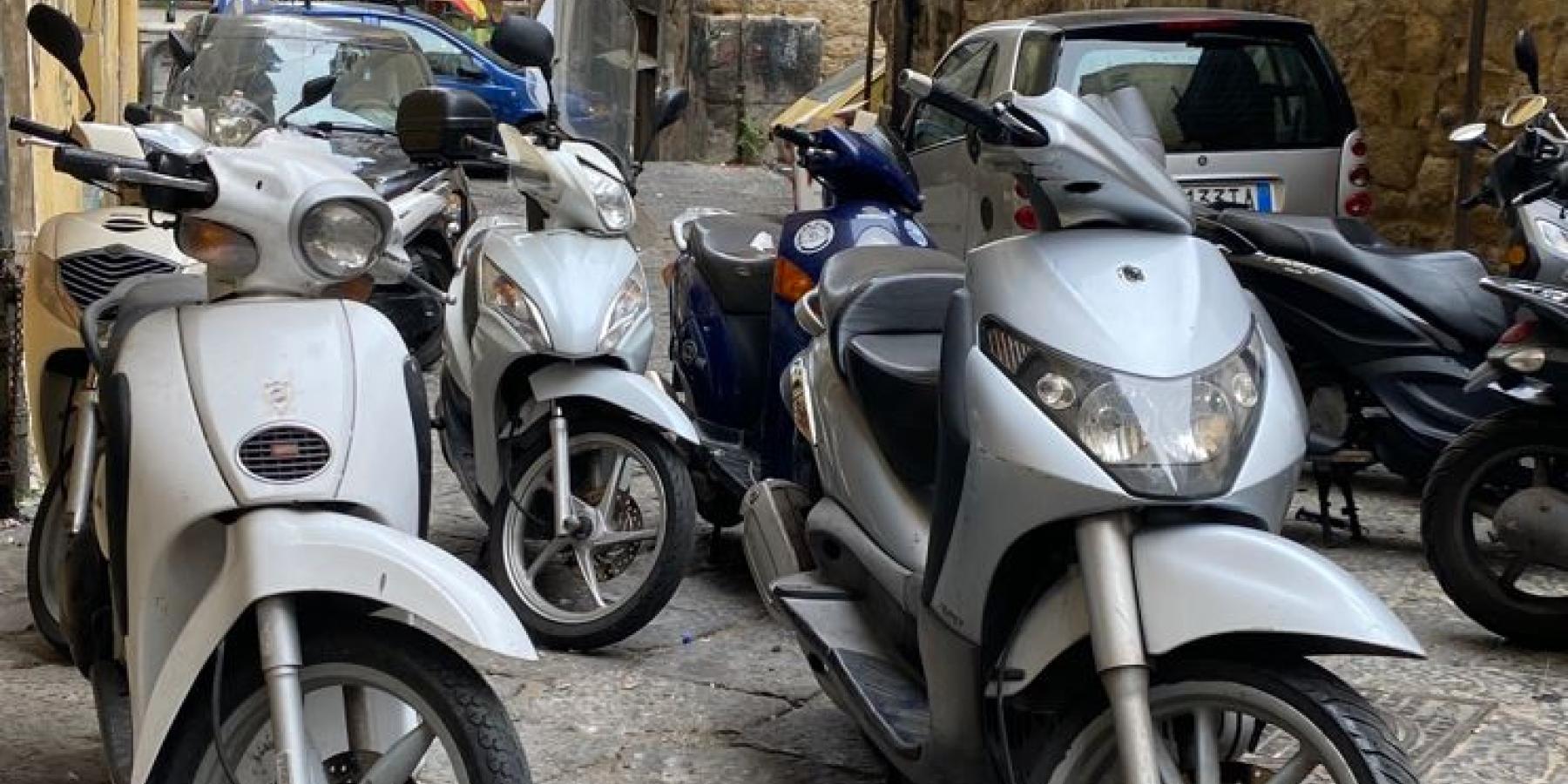 Motorcycles parked in an alleyway with a cat sitting next to them.