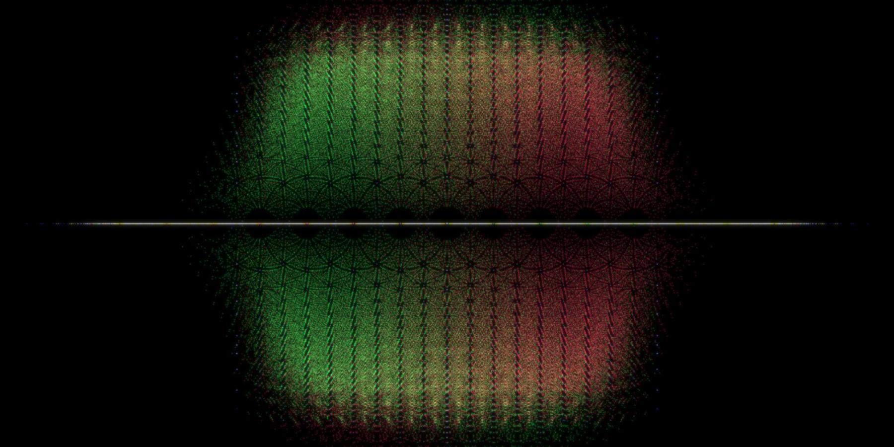 Colored mapping of eigenvalues on complex plane. Black background with millions of green and red pixels forming geometric patterns.