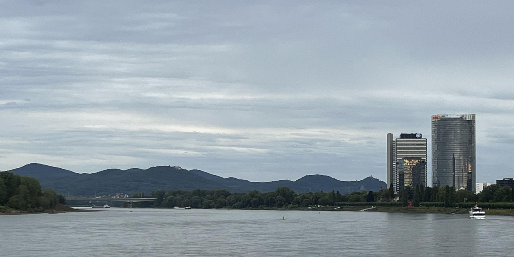 Photo of the Rhine river, with the Bonn city scape