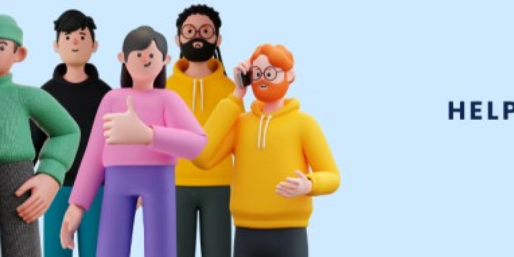 5 AI generated humans standing together, blue background, text saying &amp;quot;Helping you sell better&amp;quot;.