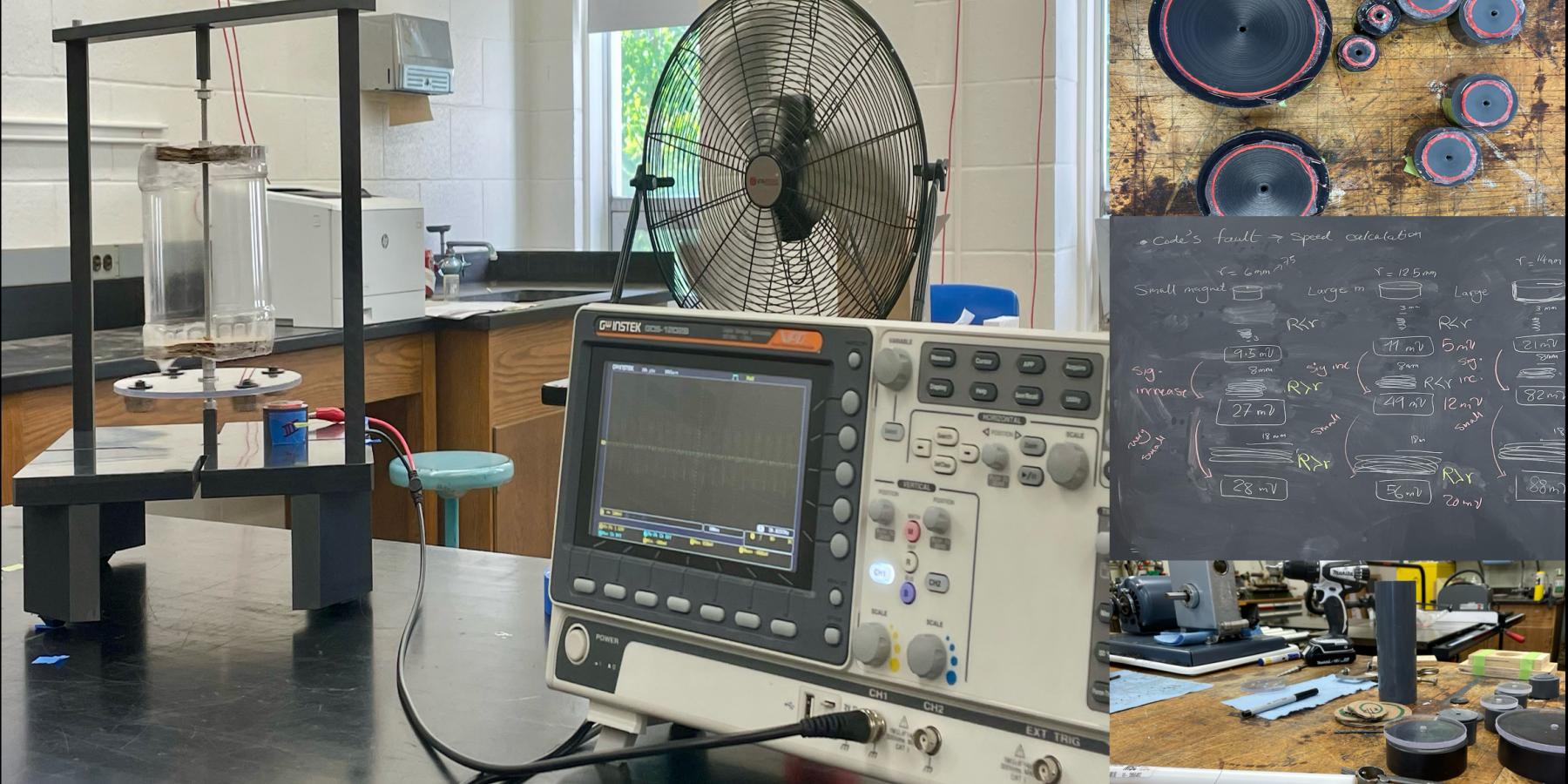 Photo depicts the apparatus of the research running by a fan and analyzed through an Oscilloscope