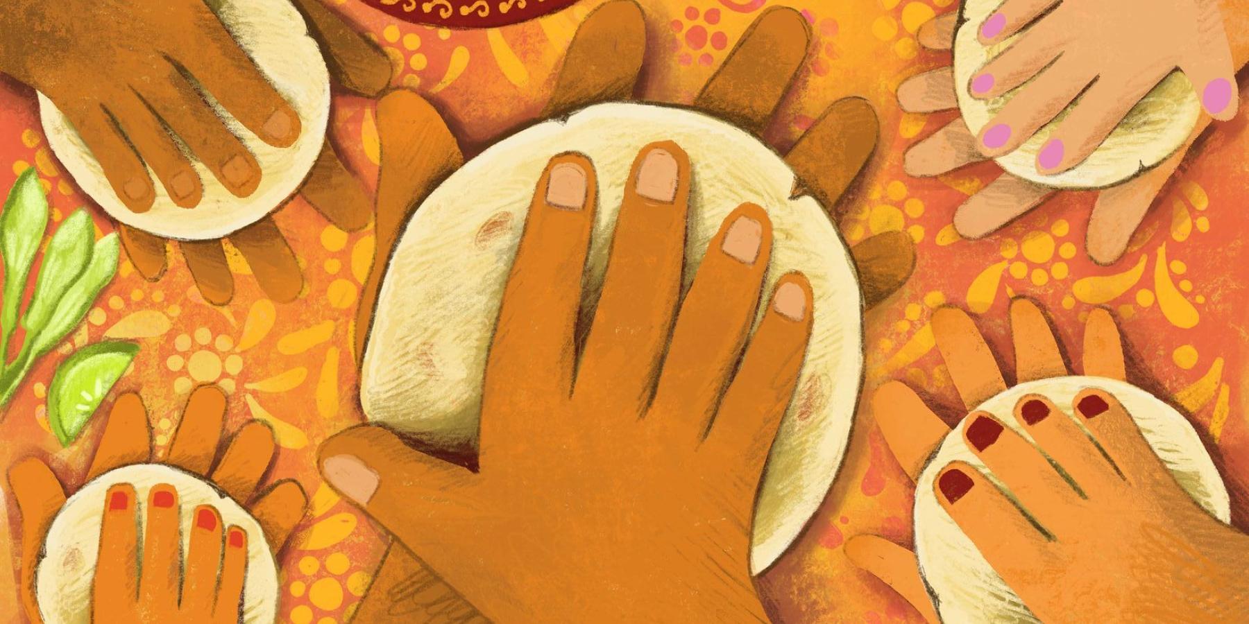 Illustration of 5 pairs of hands making pupusas