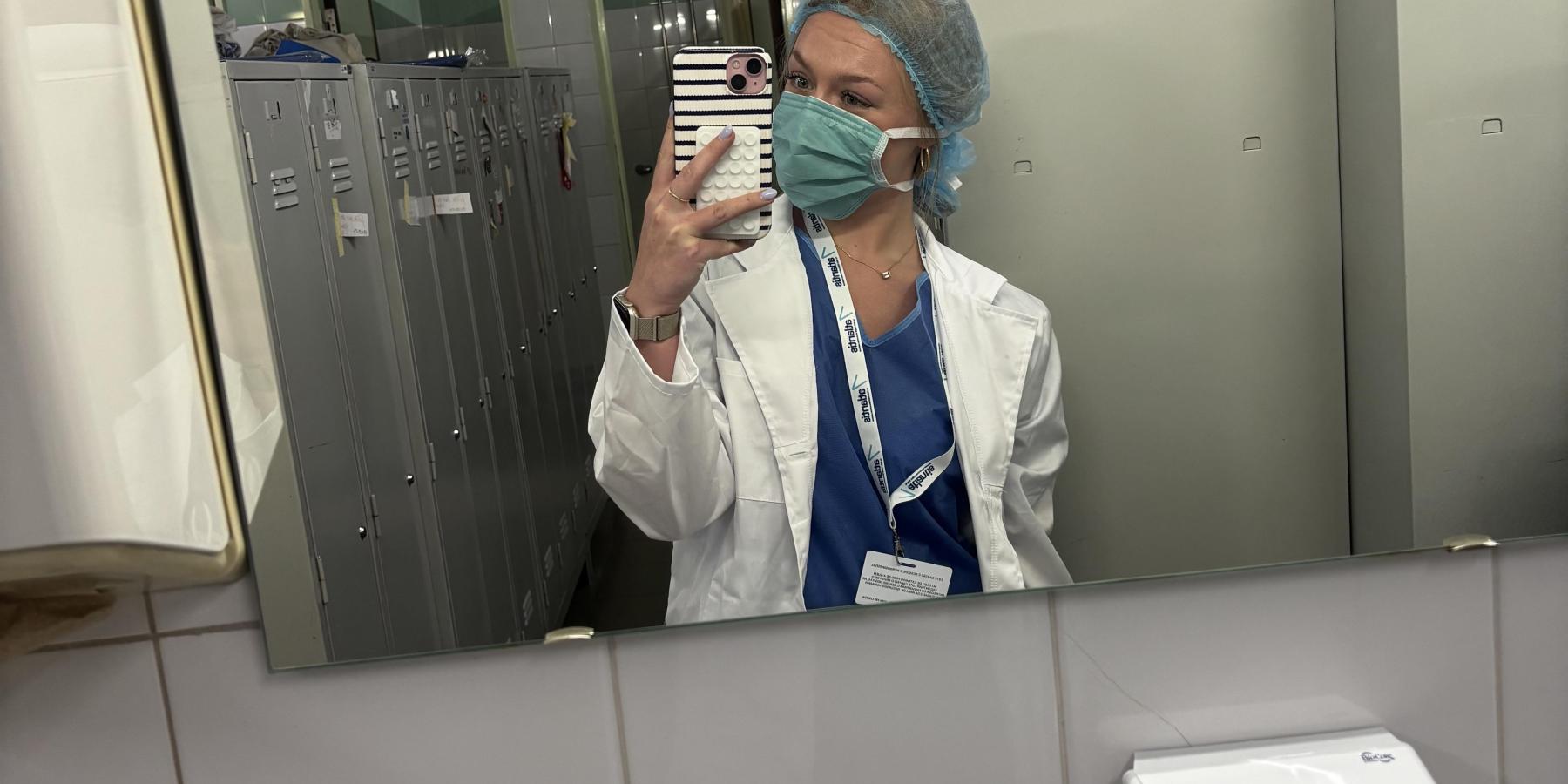 Lauren Bier preparing for a 12-hour operating room shift at Lauren Bier and her colleagues outside of Hospital de São José (Centro Hospitalar Universitário de Lisboa Central) in Lisbon, Portugal.