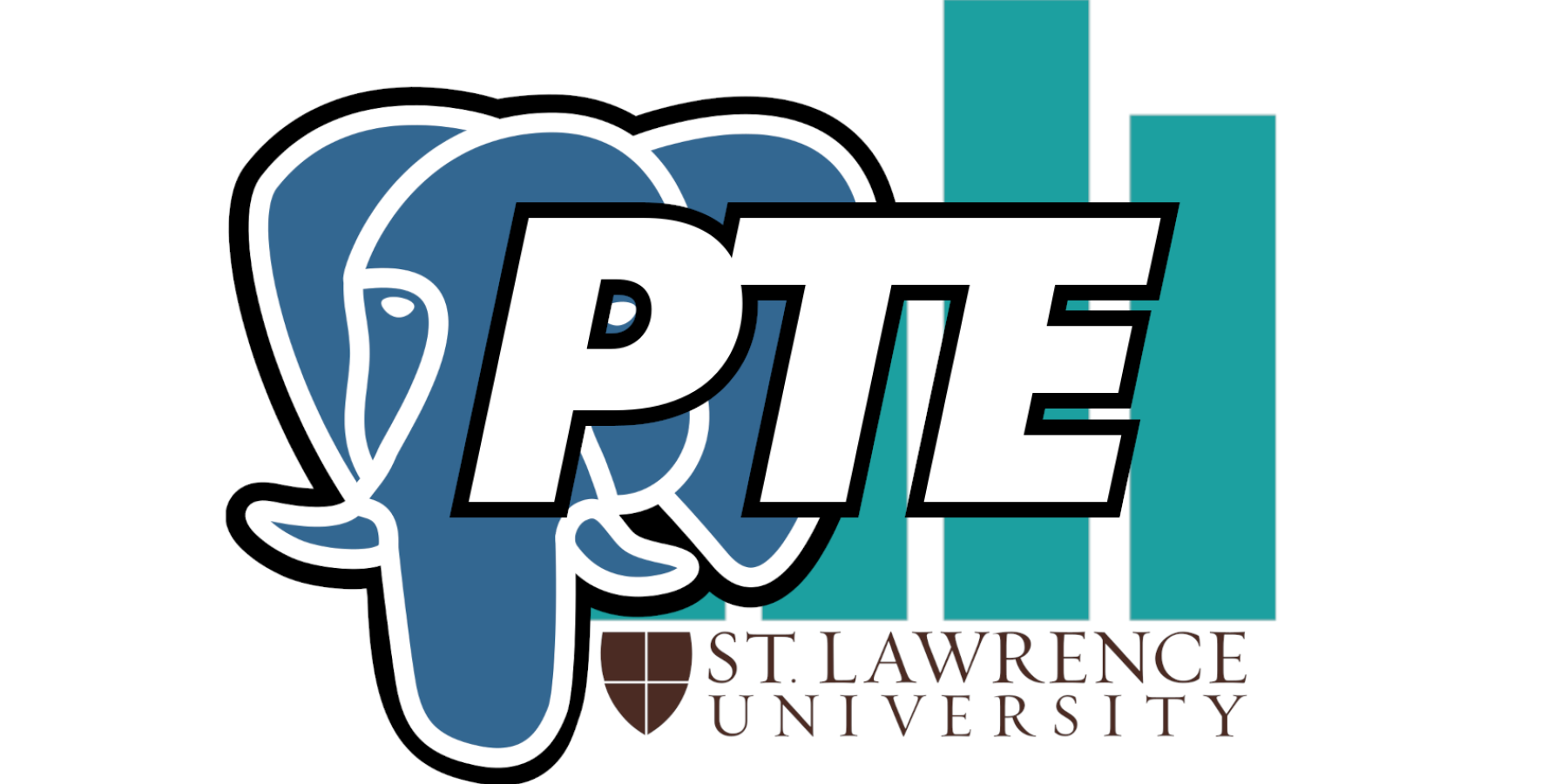 The PostgreSQL logo, a blue elephant head, and the Gradescope logo, a green bar chart, are set behind the letters P, T, and E. Bellow them is the St. Lawrence logo.