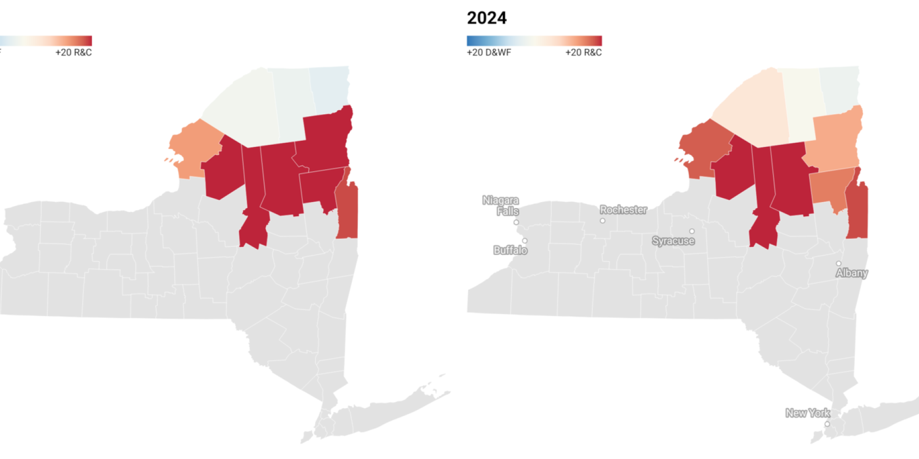 electoral map displaying shift of St. Lawrence Country from moderate to red from 2014-2024