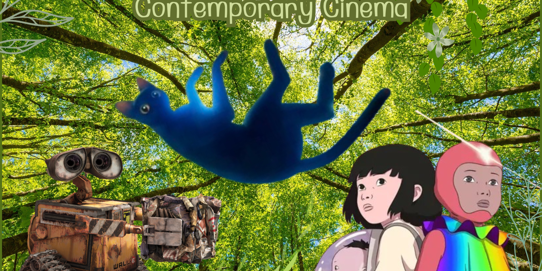 A nature scene is overlayed with images from the films Wall-E, Flow, and Arco beneath a title reading: Animation and Environmental Politics in Contemporary Cinema