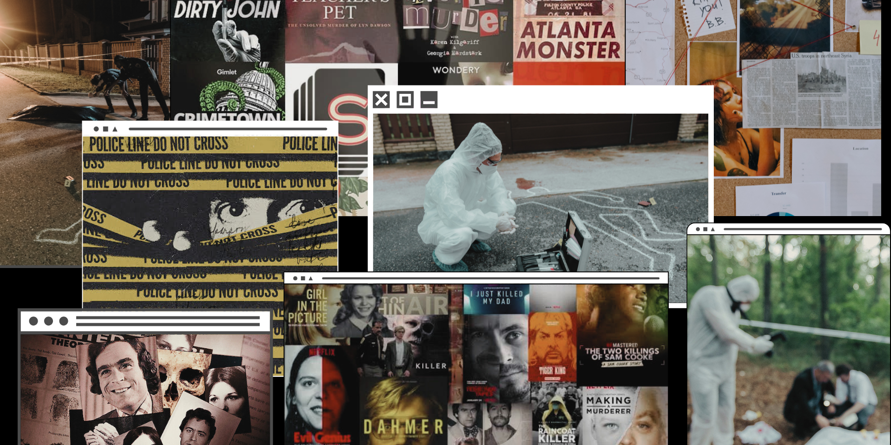 Computer desktop showing several true crime-related windows
