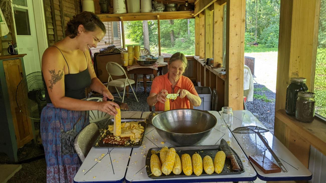 Two workers cutting corn off the cob. 