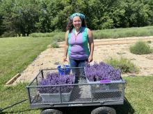 Woman standing behind a wagon full of lavender