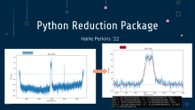 A slide including the title &quot;Python Reduction Package&quot; by Haille Perkins &#039;22. On the bottom left, there is an graph of unreduced data for galaxy AGC 3376, and in the bottom right there is a graph depicting the reduced data along with additional numerical values produced.