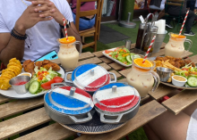 A photo of food with colorful plates.