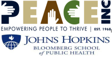 Logos for both Johns Hopkins school of Public Health and PEACE INC.,