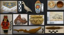 Image of a series of artifacts incluced in the Couch collection including: a model blanket, an ivory Ptarmigan figure, a decorated birch container, an Inuit doll, a fossilized Mastodon tooth, a grass basket, a charcoal drawing by George Aden Ahgupuk, a carved wooden spoon, and a Projectile Point  