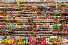 Array of colorful packaged items in grocery store