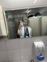 Lauren Bier preparing for a 12-hour operating room shift at Lauren Bier and her colleagues outside of Hospital de São José (Centro Hospitalar Universitário de Lisboa Central) in Lisbon, Portugal.