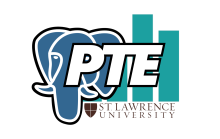 The PostgreSQL logo, a blue elephant head, and the Gradescope logo, a green bar chart, are set behind the letters P, T, and E. Bellow them is the St. Lawrence logo.