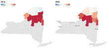 electoral map displaying shift of St. Lawrence Country from moderate to red from 2014-2024