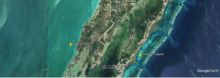 Satellite image showing locations of windward (right) and leeward (left) lagoon on Ambergris Caye, Belize.