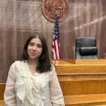 The picture is taken at the Superior Court of Los Angeles county and displays the judges seat with a flag of United States of America.